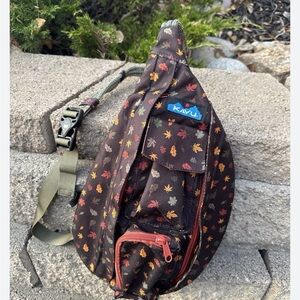 Kavu Brown Leaf Print Sling Bag with Olive Strap